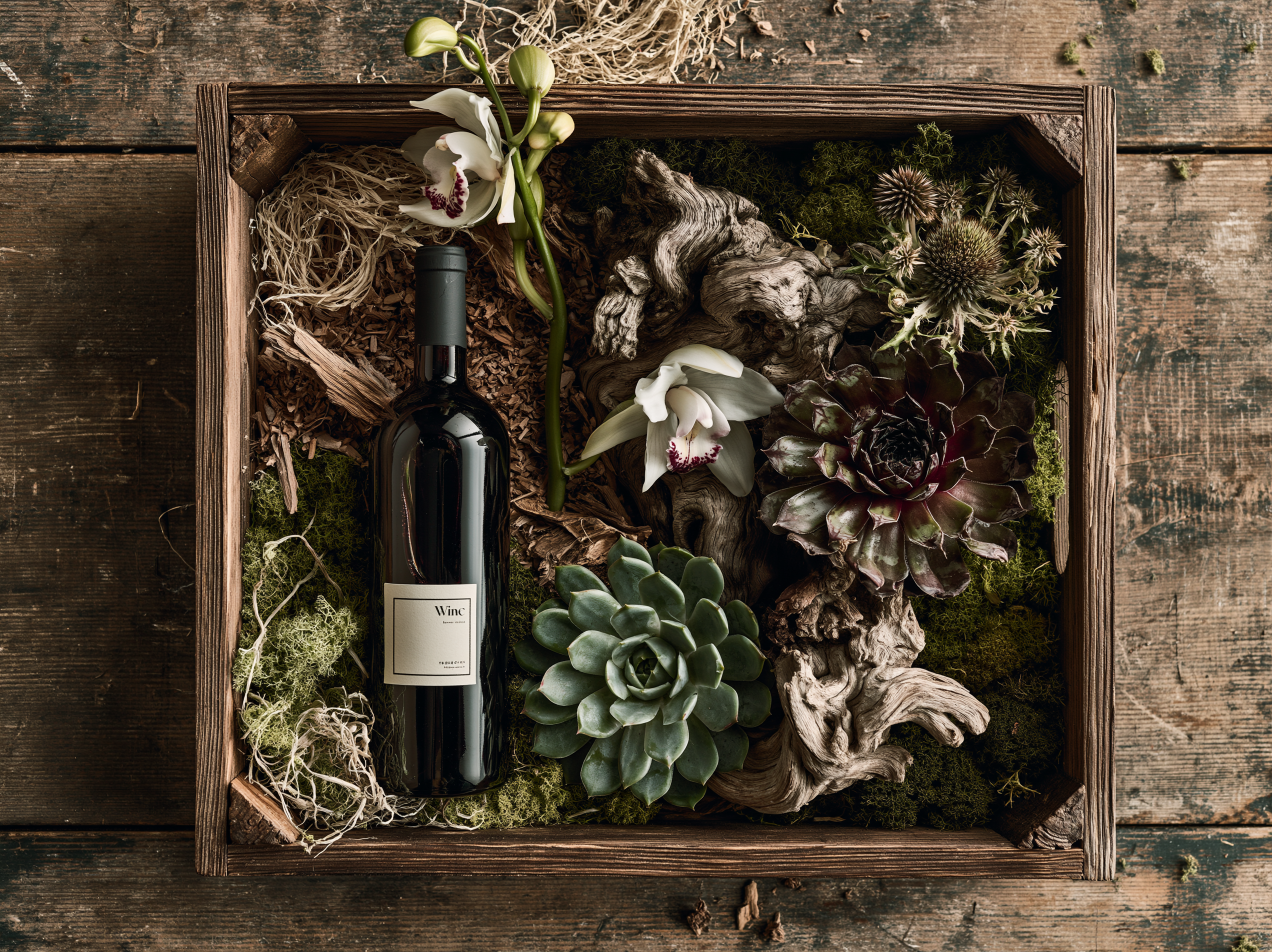 The Vintner's Garden wine, orchids and succulent crate