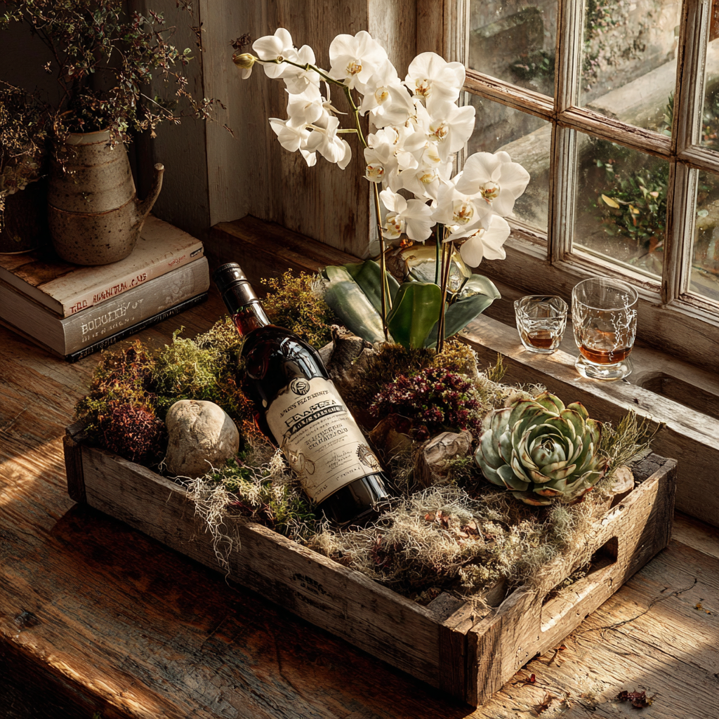 The Tasting Hour whiskey tray with orchid plant, glasses and succulents