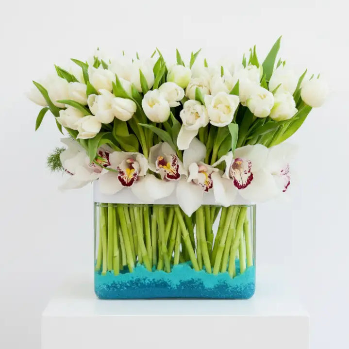 White Goddess white tulips and orchids arrangement | Beverly Hills Florist