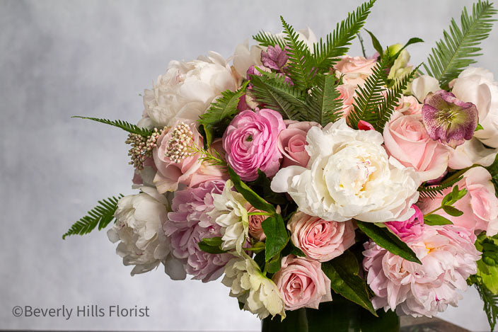 White peony and pink rose flower arrangement in glass vase for birthday with same-day delivery in Beverly Hills and Los Angeles