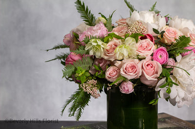 White peony and pink rose flower arrangement in glass vase for birthday with same-day delivery in Beverly Hills and Los Angeles