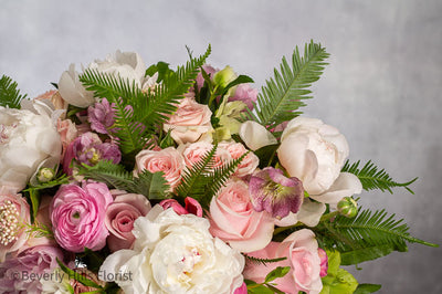 White peony and pink rose flower arrangement in glass vase for birthday with same-day delivery in Beverly Hills and Los Angeles