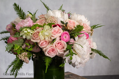 White peony and pink rose flower arrangement in glass vase for birthday with same-day delivery in Beverly Hills and Los Angeles