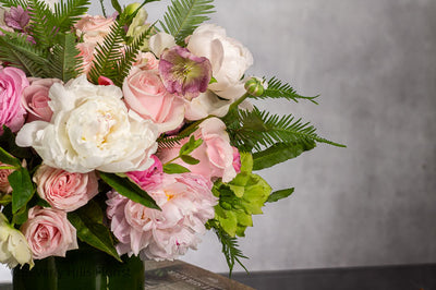 White peony and pink rose flower arrangement in glass vase for birthday with same-day delivery in Beverly Hills and Los Angeles