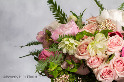 White peony and pink rose flower arrangement in glass vase for birthday with same-day delivery in Beverly Hills and Los Angeles