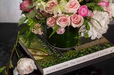 White peony and pink rose flower arrangement in glass vase for birthday with same-day delivery in Beverly Hills and Los Angeles