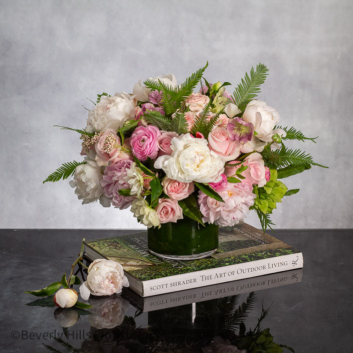 White peony and pink rose flower arrangement in glass vase for birthday with same-day delivery in Beverly Hills and Los Angeles