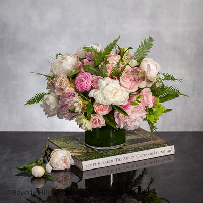 White peony and pink rose flower arrangement in glass vase for birthday with same-day delivery in Beverly Hills and Los Angeles
