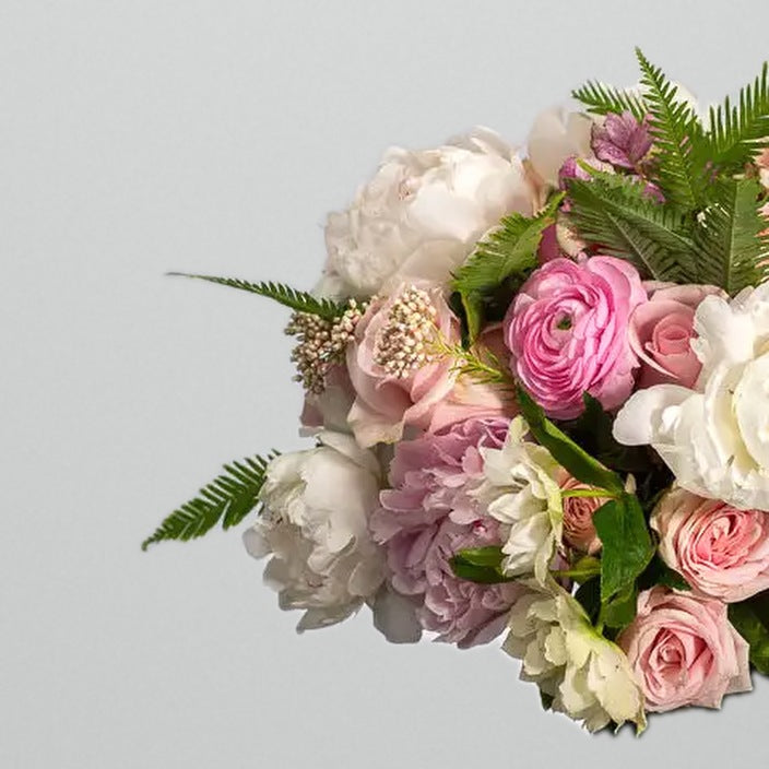 White peony and pink rose flower arrangement in glass vase for birthday with same-day delivery in Beverly Hills and Los Angeles