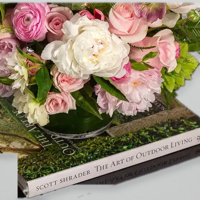 White peony and pink rose flower arrangement in glass vase for birthday with same-day delivery in Beverly Hills and Los Angeles