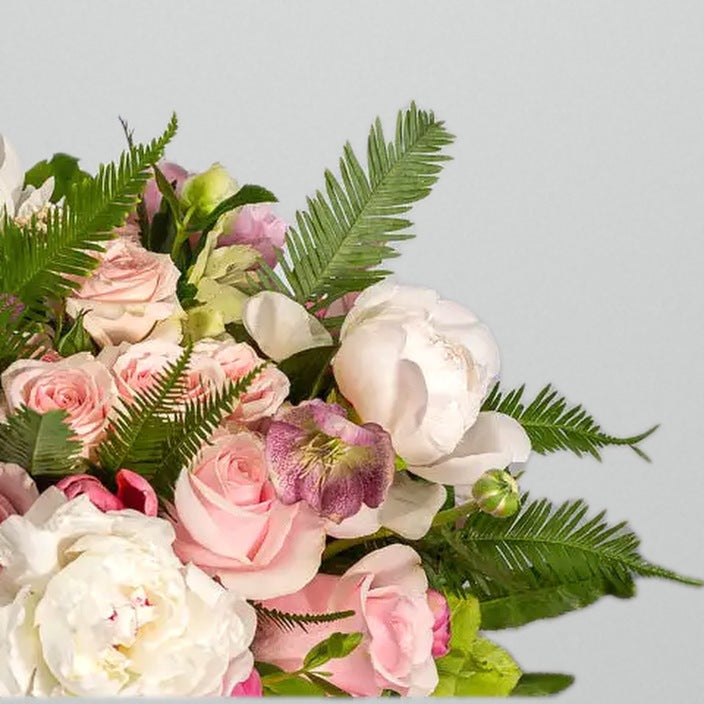 White peony and pink rose flower arrangement in glass vase for birthday with same-day delivery in Beverly Hills and Los Angeles