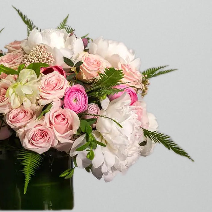 White peony and pink rose flower arrangement in glass vase for birthday with same-day delivery in Beverly Hills and Los Angeles