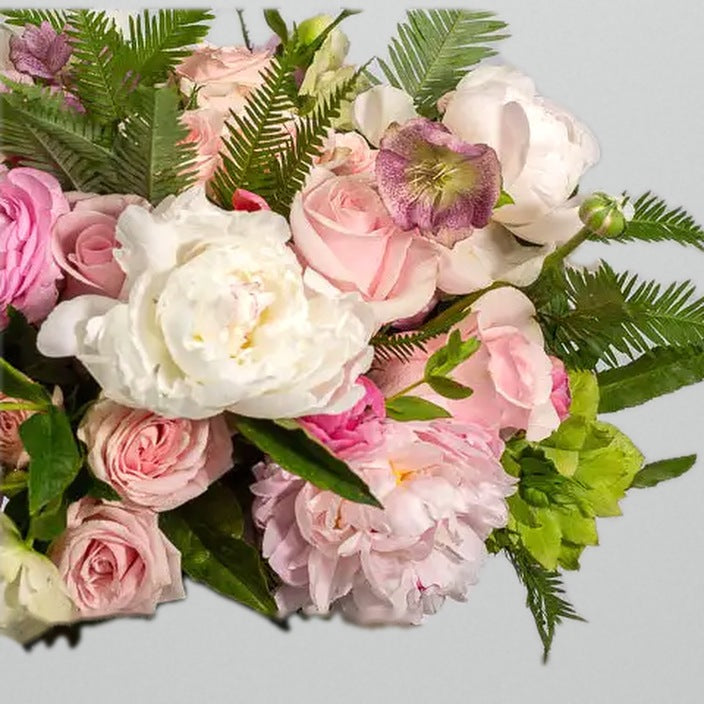 White peony and pink rose flower arrangement in glass vase for birthday with same-day delivery in Beverly Hills and Los Angeles