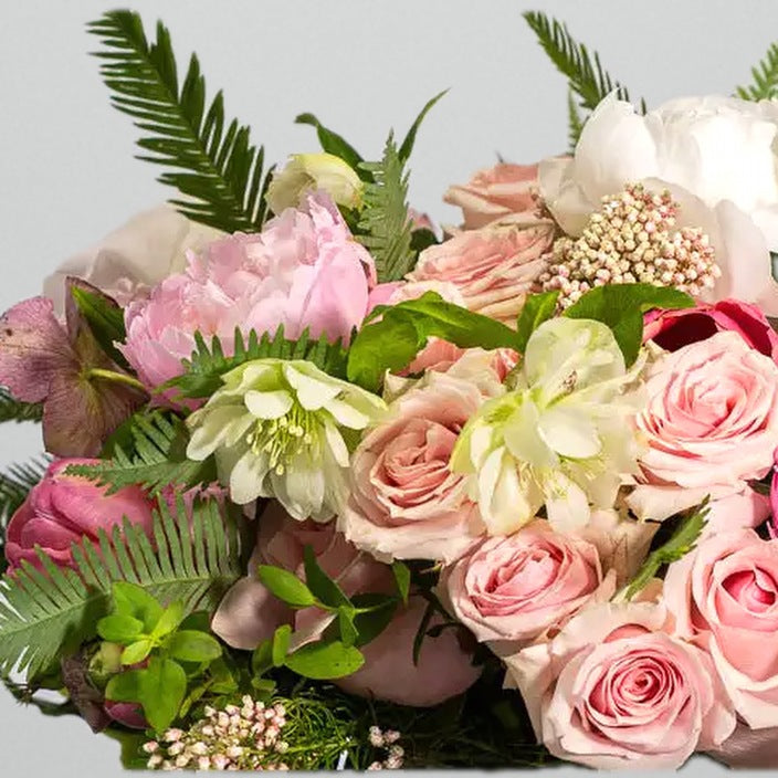 White peony and pink rose flower arrangement in glass vase for birthday with same-day delivery in Beverly Hills and Los Angeles