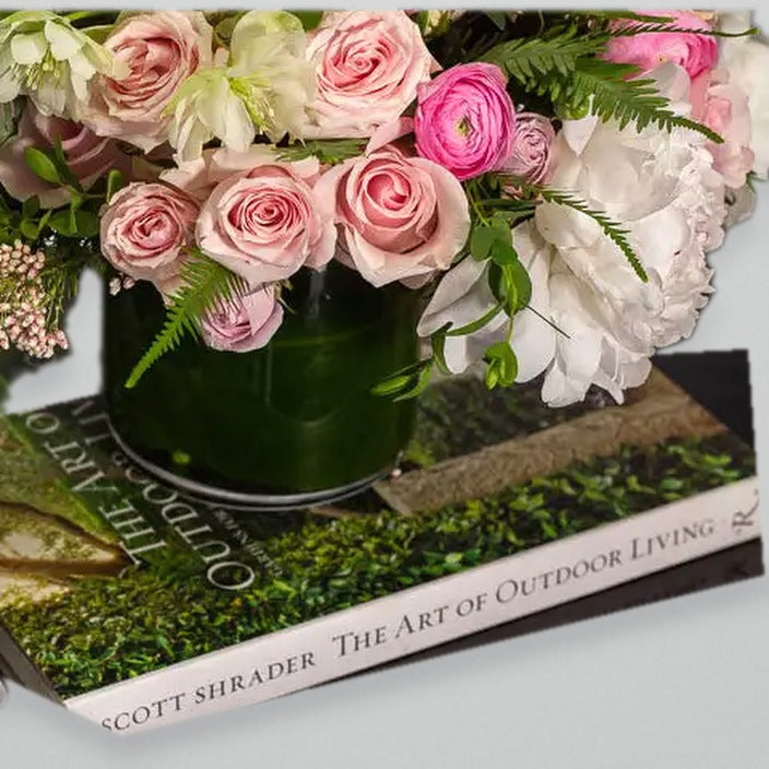 White peony and pink rose flower arrangement in glass vase for birthday with same-day delivery in Beverly Hills and Los Angeles