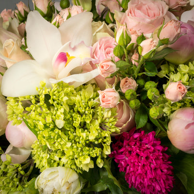 Same day delivery Beverly Hills Florist ! Includes, Orchids, grenn Hydrangeas, Hyacinths, Peonies, Spray Roses and various greens. Birthday flowers, thinking of you flowers, congratulations flowers, thank you flowers, get well soon flowers, just because flowers