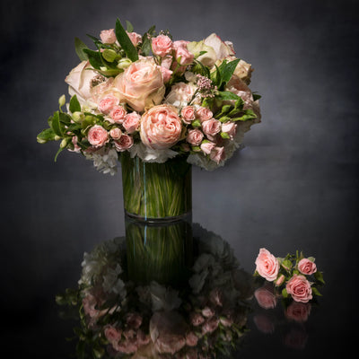Beverly Hills Florist offers same day delivery. Includes pink Roses, pink Spray Roses, Seasonal greens and white Hydrangeas. Birthday flowers, Thinking of you flowers, Congratulations flowers, Thank you flowers, welcome flowers.  