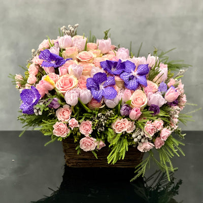 My Beverly Hills Florist offers same day delivery for our Purple Divine. Including Orchids, Tulips and pink Roses accented with seasonal greens. This arrangement is the perfect piece for birthdays, thank you's and Welcome homes !