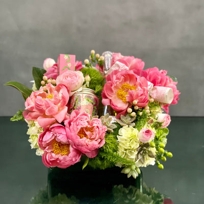 This little piece of heaven from our team at Beverly Hills Florist will leave any mother figure relaxed and smiling. Our Mommy's gift's are framed by Peonies, hydrangea, dianthus, coffee bean and greens and is available for same day delivery! Mommy's gifts include hand cream, bath salts, soap and a half bottle of Cote des Roses Chardonnay (375ml). Wonderful for mothers day or even simply just a thinking of you moment. 