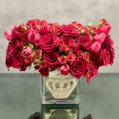 Love, Love, Love! Beverly Hills Florist presents My Queen for some day delivery ! A cluster of red tulips and roses in a bejeweled crown silver glass vase. Beautiful way to tell someone you love them and appreciate them ! 