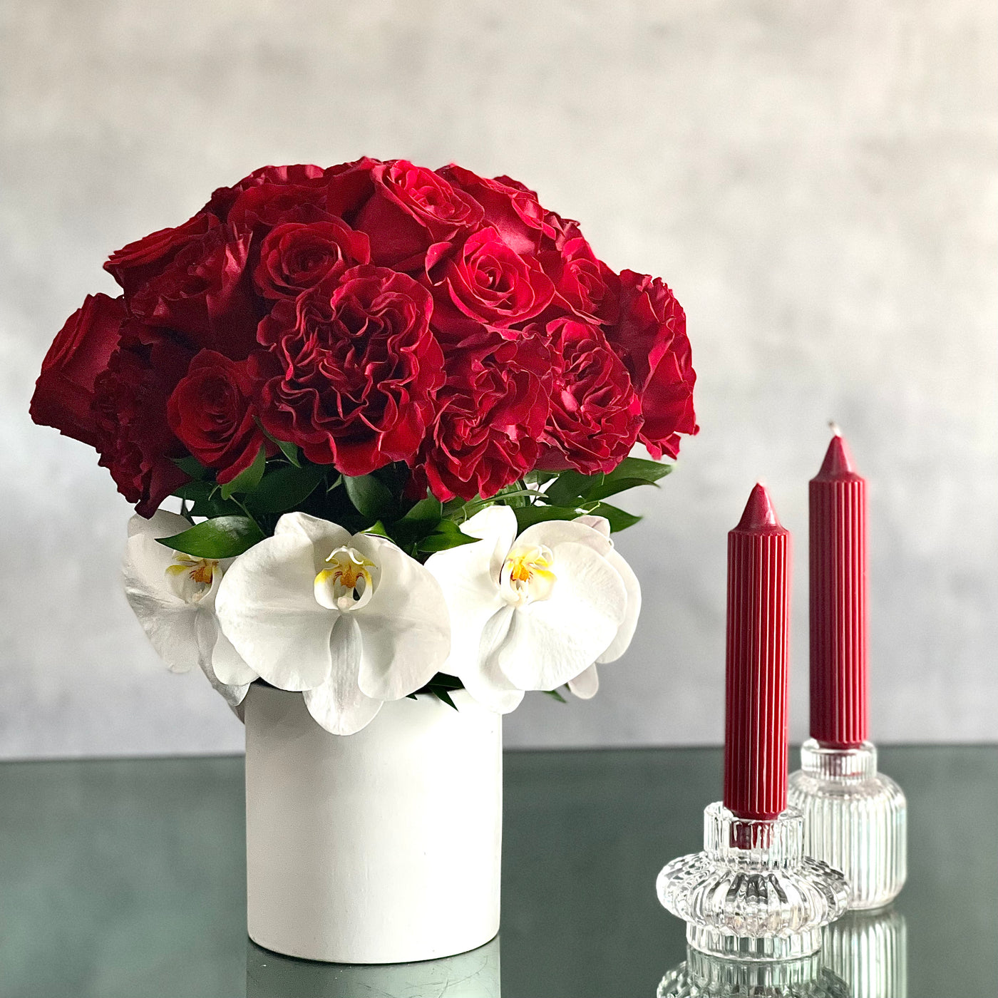 Red Roses, Same day delivery, just because, I love you, thinking of you, White Orchids