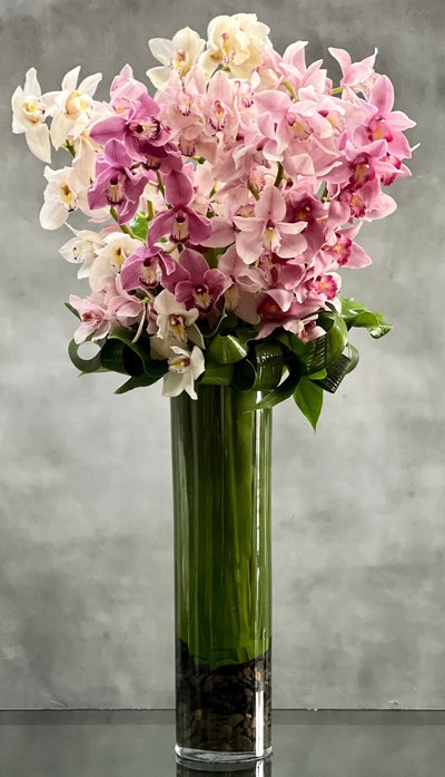 Deliver happiness and joy with this magnificent floral design from Beverly Hills Florist ! This arrangement is offered for same day delivery. This arrangement features a modern tall leaf lined vase overflowing with 10 tall stems of gorgeous pink, lavender and white Cymbidium Orchids. Unique and breathtakingly beautiful! Perfect for Birthdays, Love and Romance, and Thank you !