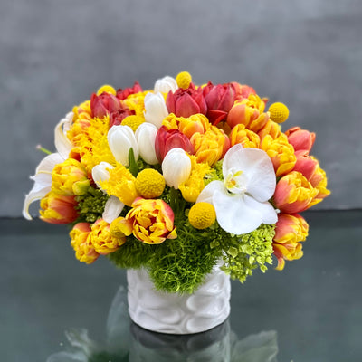 This bright bouquet is the perfect way to celebrate any special day. Beverly Hills Florist team can arrange this floral piece for same day delivery! In this overflowing bouquet you will find yellow and orange, white tulips and yellow fringed tulips and white orchids. Delivered in a modern white vase, this arrangement will bring a smile to anyone's face and be the highlight of their day!