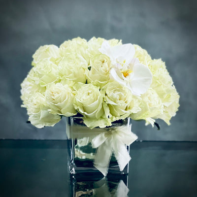 This arrangement presented by Beverly Hills Florist offers Kissing Butterflies for same day delivery. It has over 30 Blooms of pale green white Roses accented with kissing White Orchids in a 6 inch Mirrored vase. A beautiful arrangement for Sympathies and thinking of you. 