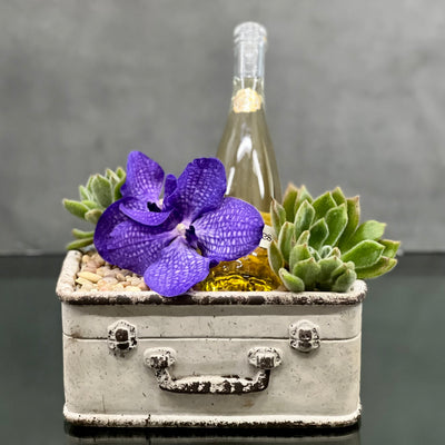 Beverly Hills Florist presents One for the Road for same day delivery. This is the perfect arrangement for congratulation flowers, get well flowers, Welcome home flowers. Includes, Vanda Orchid, Bottle of Champagne  placed in a suitcase planter !