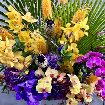 A Spectacular Floral Fantasy featuring extravagant and exotic blooms in tropical colors on a grand scale by Beverly Hills Florist for occasions like congrats, new baby, just because, love and romance. Vibrant seasonal blooms paint the oranges, deep pinks, purples, lime greens and yellow orchids and other floral. Large tropical leaves lined vase with this amazing design and colors. It's a one-of-a-kind, dynamic presentation that will be the center of attention wherever it is placed. Approx: 16 W x 30" H.