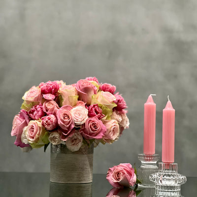 Amour arrangement with pink roses and tulips in a silver-textured vase, perfect for love and romance, available for same-day delivery by Beverly Hills Florist.