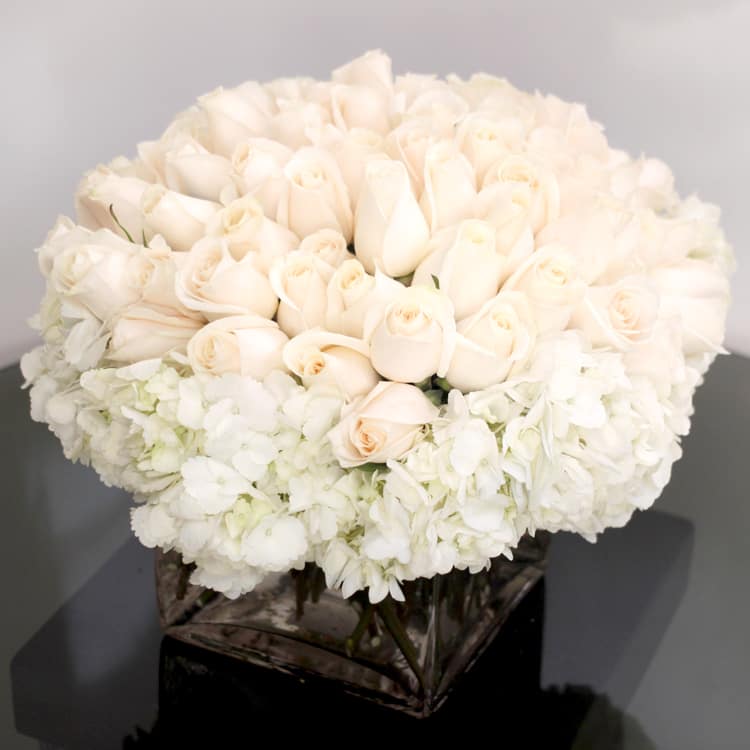 Height of Elegance bouquet with white roses and frilly hydrangeas in an 8x8 glass vase – available for same-day delivery by Beverly Hills Florist.