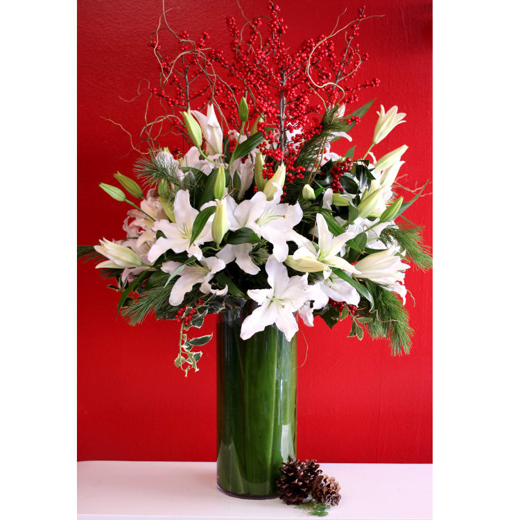 Festive White Holiday Lilies - beverlyhillsflorist