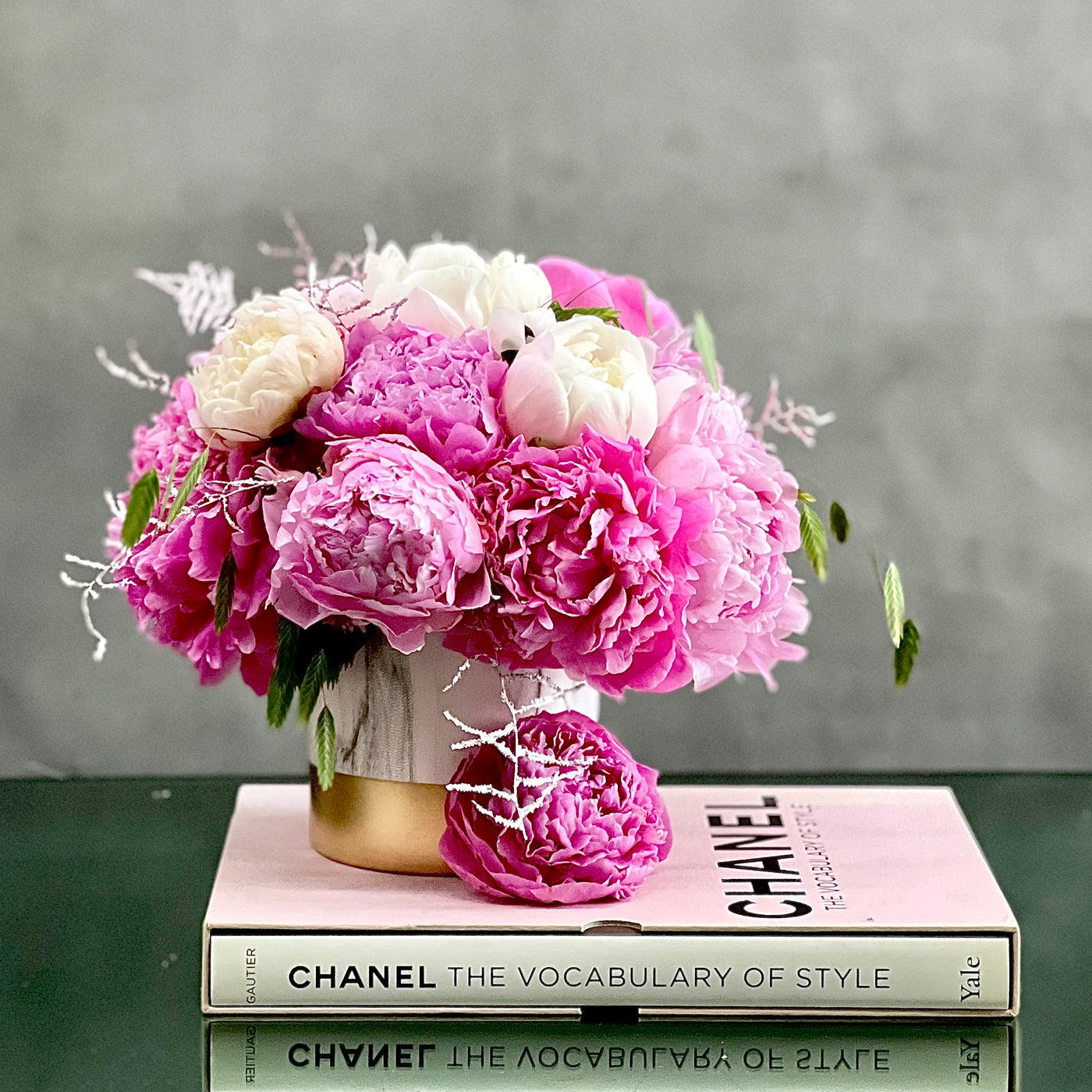 My Beverly Hills Florist presents this beautiful tri-color Peonies gathered in a 6" Ceramic vase - Lush and full of life and ready for same day delivery. Includes, Pink Peonies, White Peonies and mixed Greens in a marble vase.  Love and Romance flowers, get well flowers, Birthday flowers