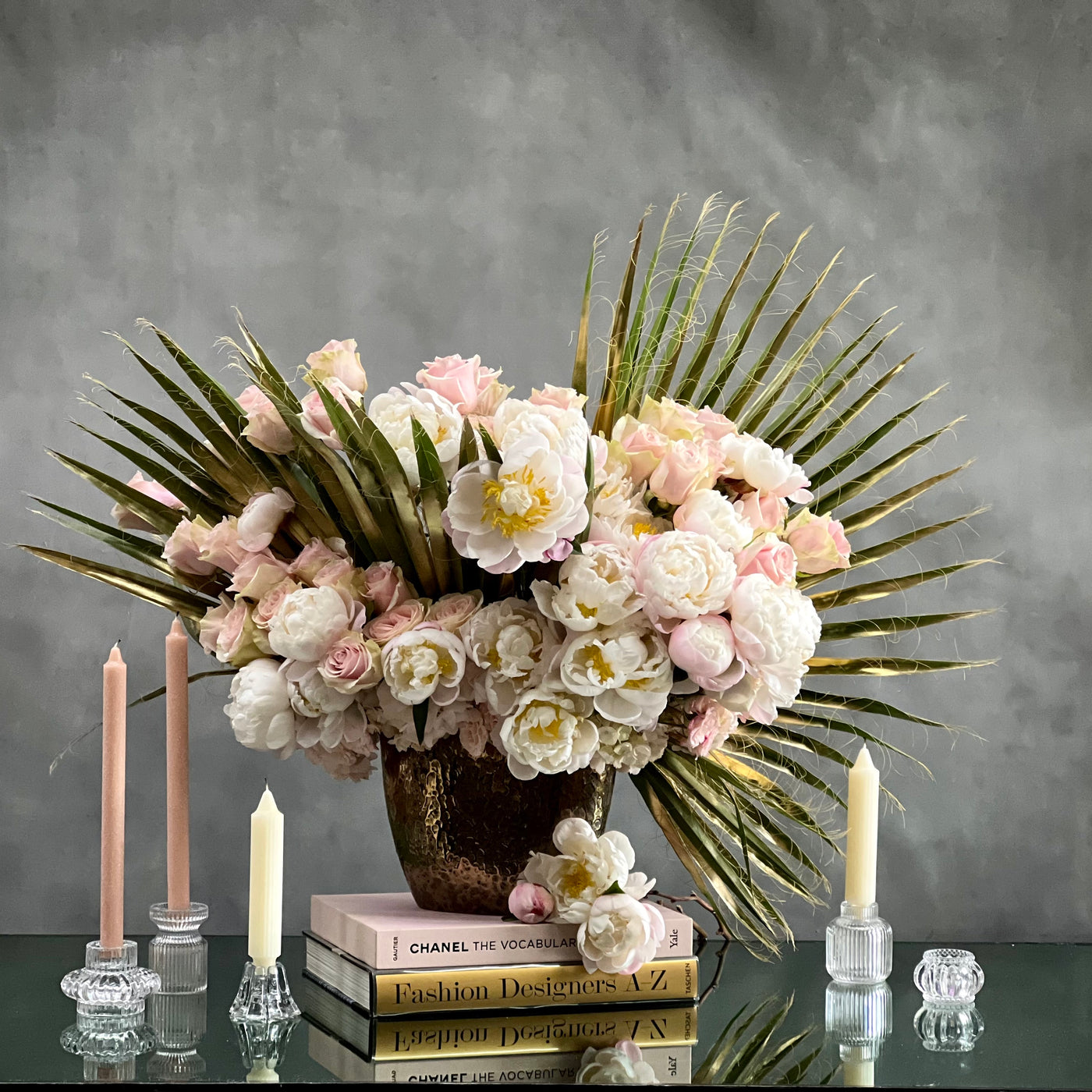 Beverly Hills Florist offers same day delivery ! Arrangement includes White Peonies, Pink Peonies and tropical leaves ! 