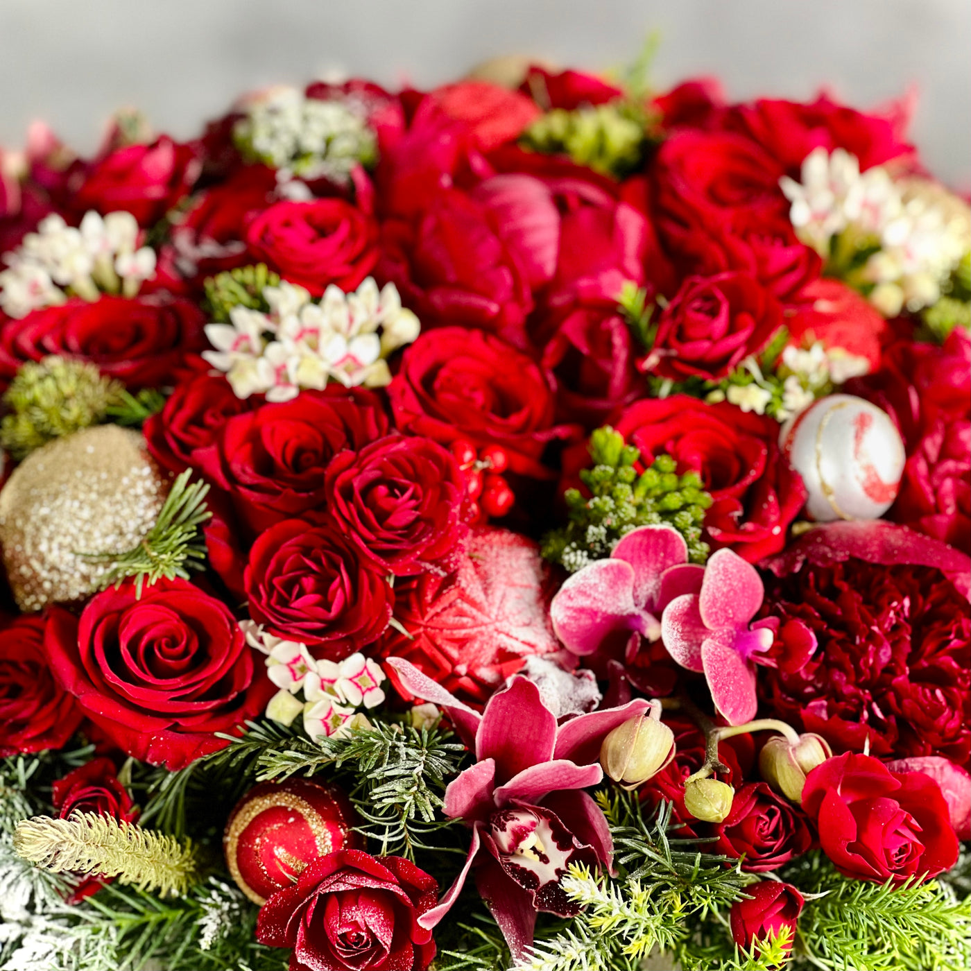 Round Christmas Gift Box featuring roses, peonies, orchids, holiday greens, berries, and pine cones in a decorative round box, available for same-day delivery by Beverly Hills Florist.