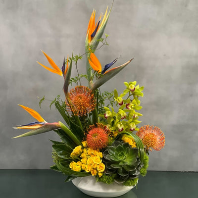 Beautiful tropical floral nested on this modern planter. Beverly Hills Florist presents same day delivery for this tropical masterpiece! A fresh new arrangement for that special person in your life. Wonderful for him, birthdays and just because. 
